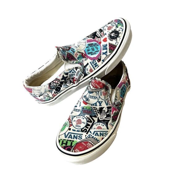 Vans Off The Wall Men 8.5 Slip On Skater Sneaker Shoe Sticker Mash-Up BMX Canvas - Picture 2 of 10